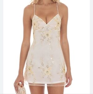 Lucy In The Sky Sequin Embellished Elegant White and Gold Floral Dress